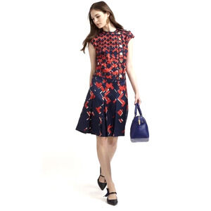 TORY BURCH TRUMAN SILK PLEATED NAVY RED DRESS SZ 14